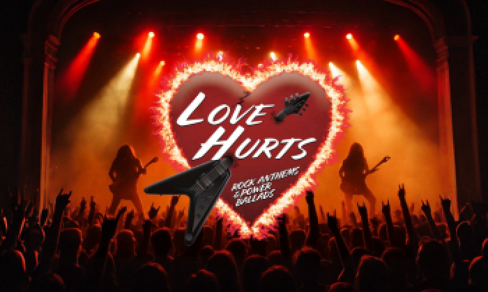 Promotional banner for Love Hurts: Rock Anthems & Power Ballads at the Victoria Theatre Halifax. The image features a large flaming heart logo with a black electric guitar, set against a concert stage with silhouettes of rock musicians and a cheering crowd under bright orange stage lights. A top night for rock music fans in West Yorkshire.