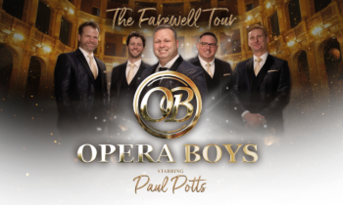 Promotional banner for the Opera Boys starring Paul Potts at the Victoria Theatre, Halifax. The image features Paul Potts in the center, flanked by the four members of the Opera Boys, all wearing formal black suits and gold ties. They are set against a grand, glowing operatic theater interior with a golden 'OB' logo. Perfect for fans of classical crossover and operatic tenors in West Yorkshire.