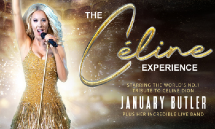 The Céline Experience at Victoria Theatre, Halifax. Features a blonde female vocalist in a sparkling gold dress holding a microphone, set against a glittering theatre backdrop with elegant gold typography.