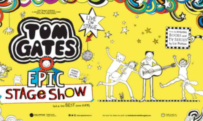 A colorful and energetic banner for the Tom Gates Epic Stage Show, coming to the Victoria Theatre, Halifax. The design features Liz Pichon’s signature hand-drawn doodles, including a central cartoon character with a guitar, dancing figures, a disco ball, and playful monsters against a bright yellow background with bold, scribbled typography.